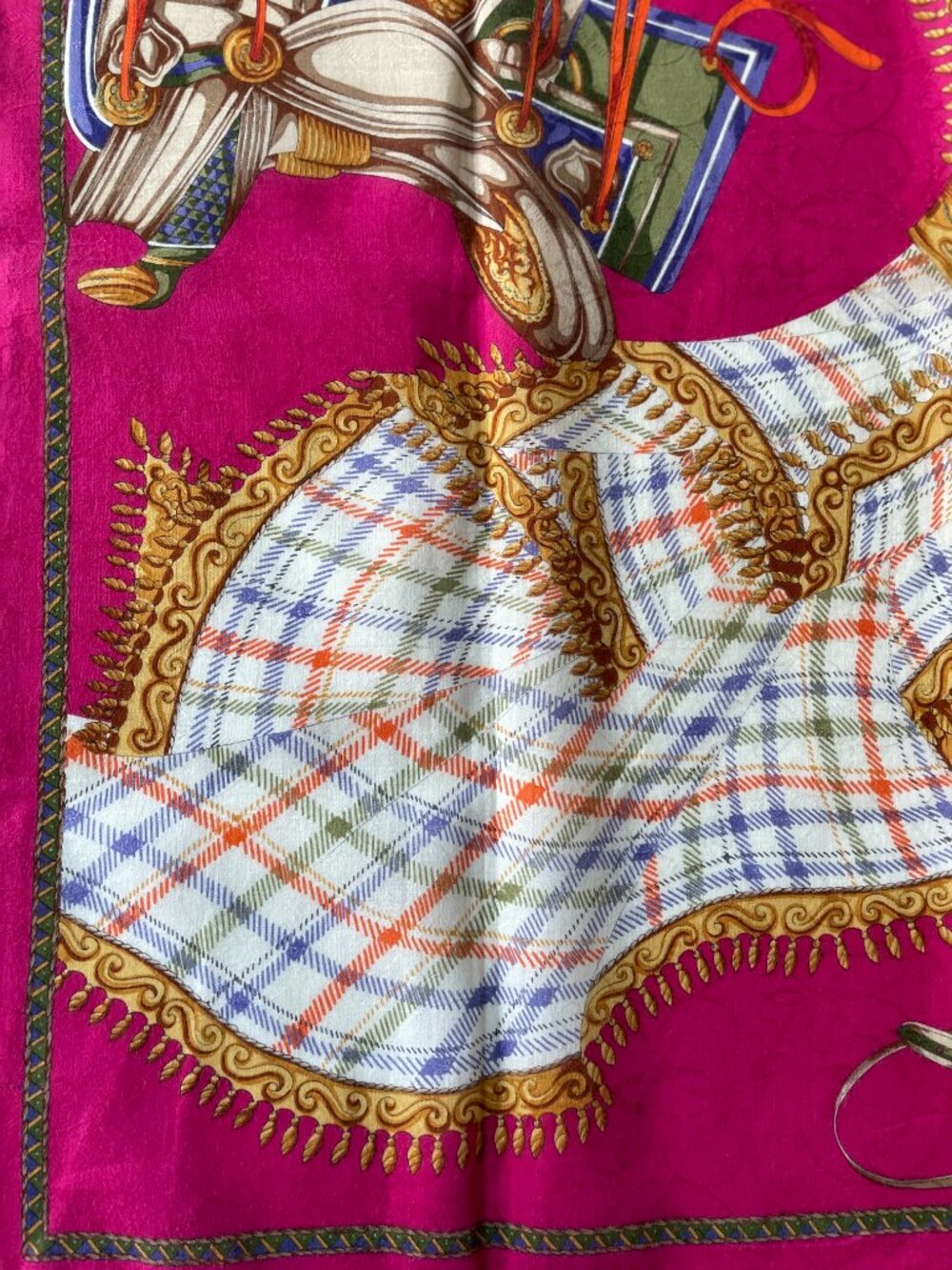 Vintage Celine Equestrian Tartan Cotton Scarf Pink Rolled Hem - Picture 11 of 13